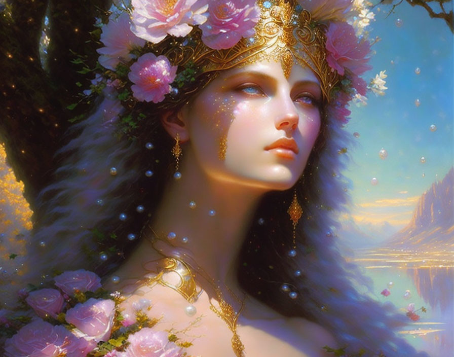 Fantasy portrait of a woman with floral crown and tiara by tranquil lake