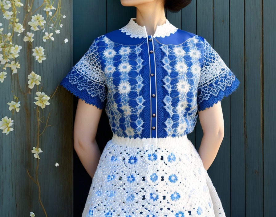 Blue and white lace dress with Peter Pan collar against wooden backdrop and white flowers
