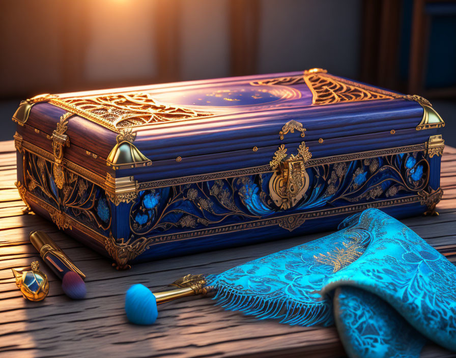 Blue and Gold Ornate Chest with Quill, Inkwell, and Blue Cloth on Wooden Surface