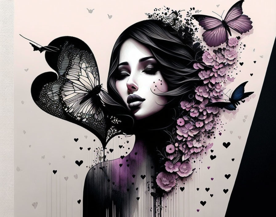 Monochrome Artwork: Woman with Floral and Butterfly Motifs in Heart Shape