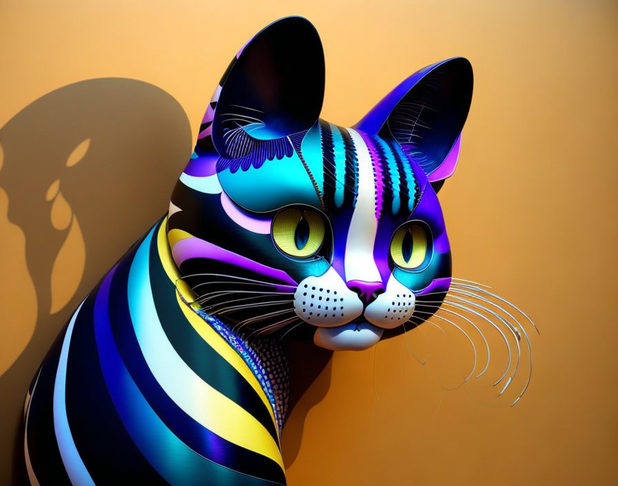 Colorful Stylized Cat Sculpture with Vibrant Striped Pattern on Warm Background