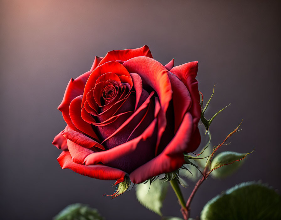 Vibrant red rose with intricate petals on dark background in soft-focus lighting