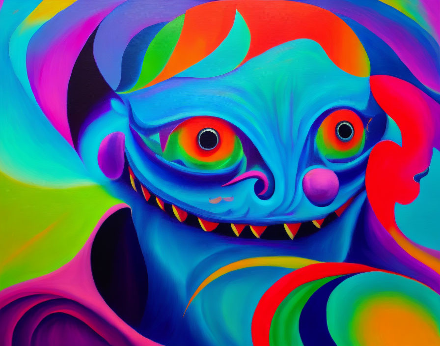 Colorful painting of whimsical creature with multiple eyes and sharp teeth