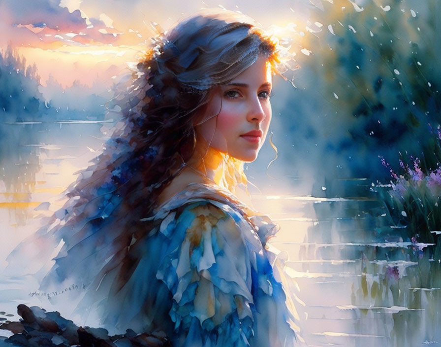 Digital painting of woman with luminescent halo in vibrant sunset water landscape