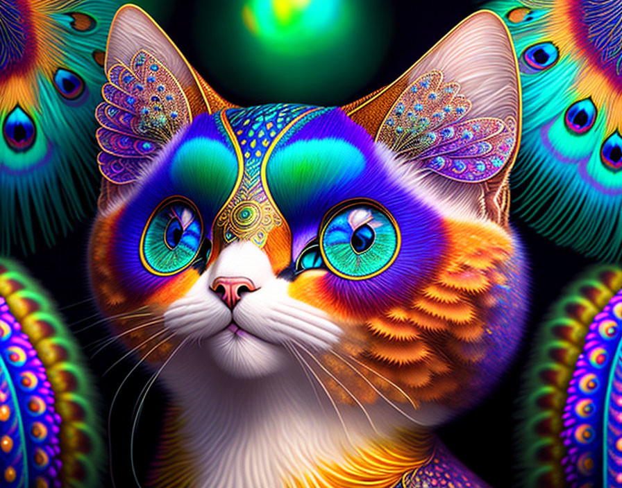 Colorful Digital Artwork: Cat with Ornate Patterns and Peacock Feather Motifs