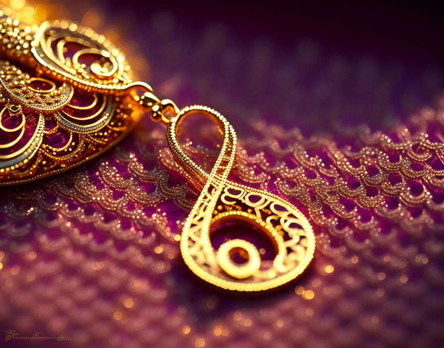 Detailed Golden Jewelry Piece on Textured Purple Surface with Soft Lighting