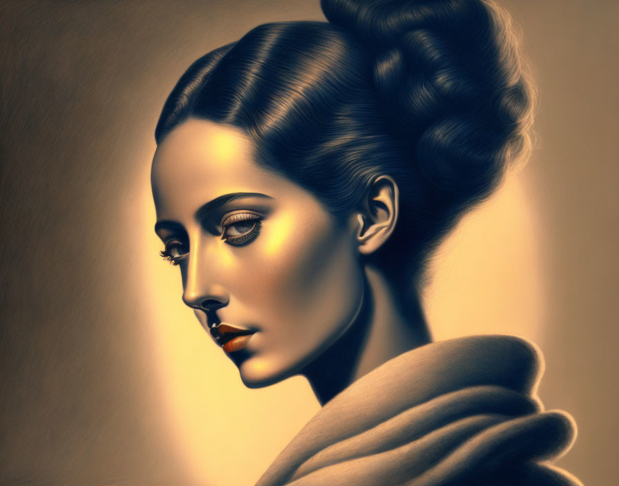 Vintage-inspired woman portrait with elegant hairstyle and sepia tones