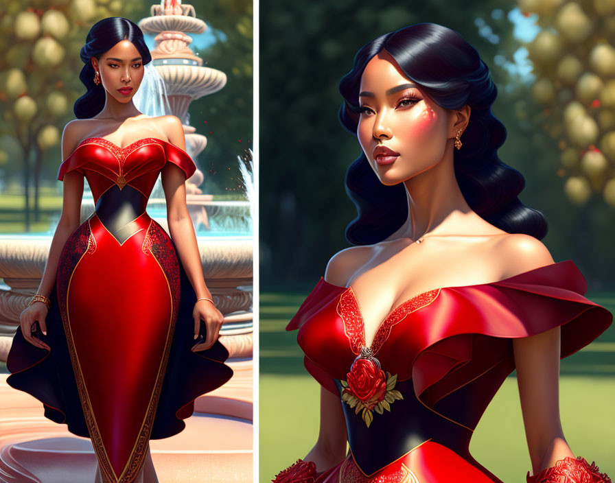 Woman in Red Off-Shoulder Gown by Fountain in Park