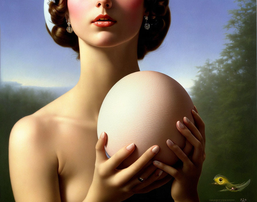 Stylized painting of woman with egg and bird in natural setting