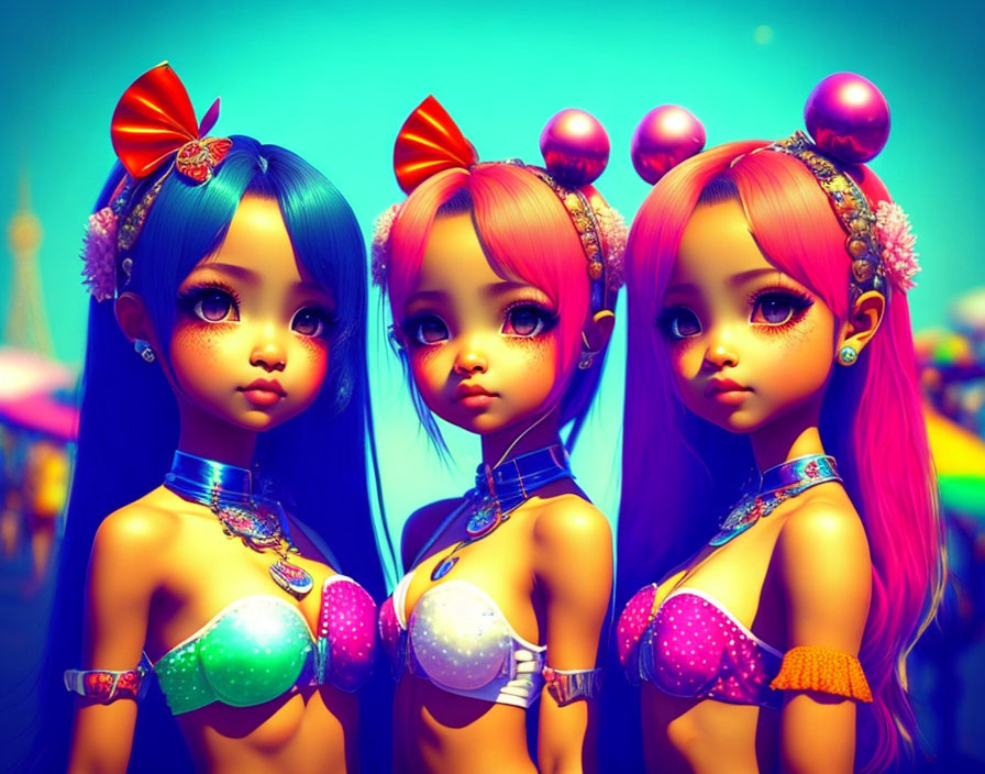 Vibrant Stylized Female Figures with Large Eyes and Whimsical Hair Accessories