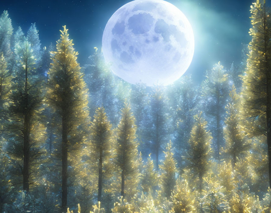 Ethereal full moon illuminates serene forest