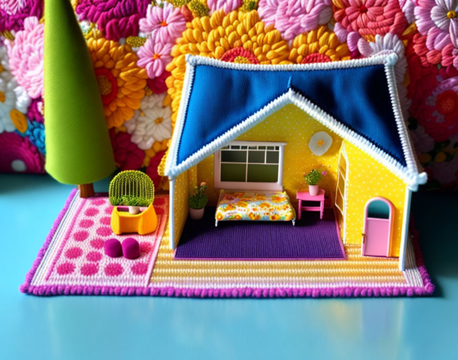 Colorful Miniature Fabric House with Pink and Purple Rug, Cactus, and Floral Bed