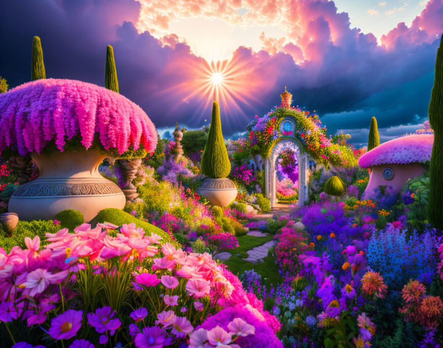 Colorful fantasy garden with whimsical topiaries and radiant sunset