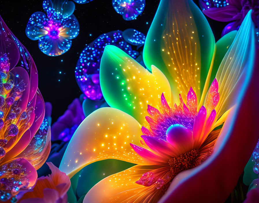 Colorful digital artwork: Neon flowers on dark background