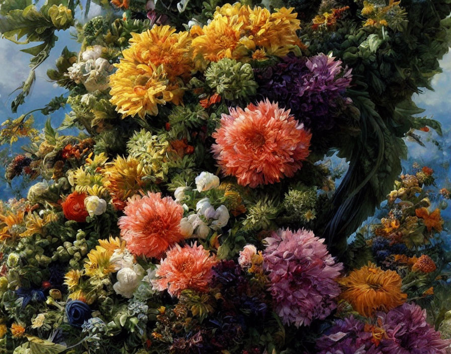 Colorful Flower Bouquet Against Blue Sky Background