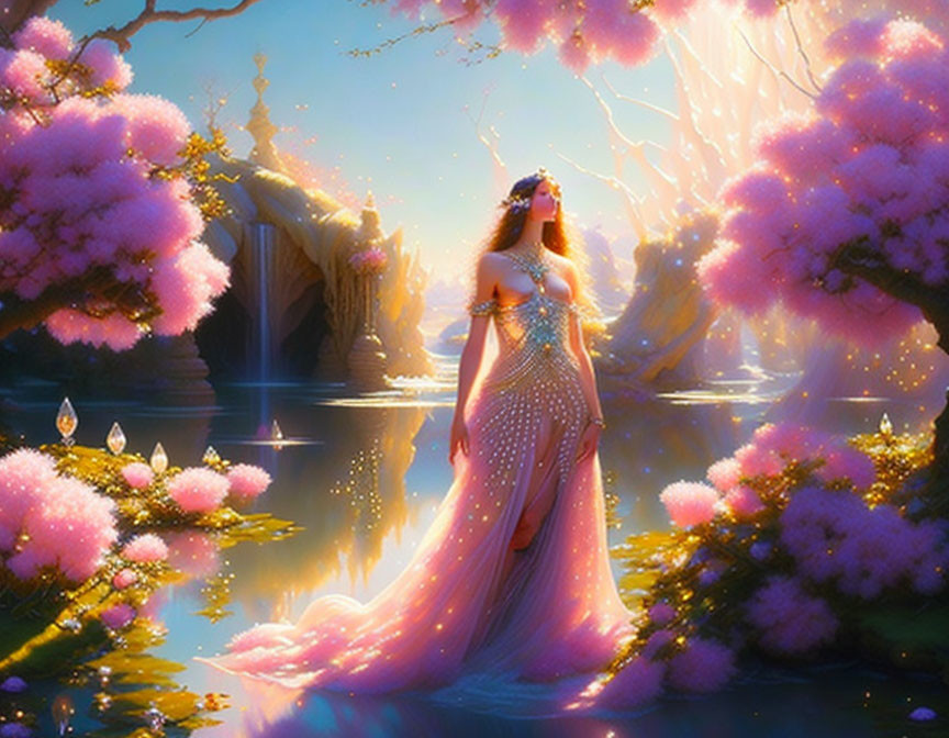 Elegant woman in gown in serene fantasy landscape with blossoming trees