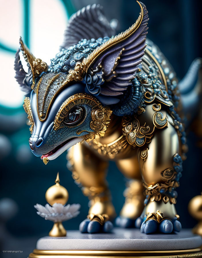 Mythical creature digital artwork: Jewel-encrusted blue and gold lion with wings