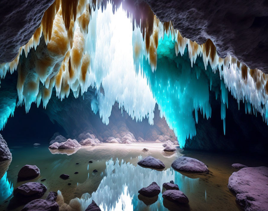 Tranquil underground cave with illuminated stalactites and reflecting pool