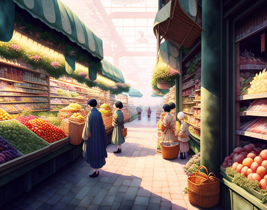 Vibrant market scene with people shopping for fresh produce
