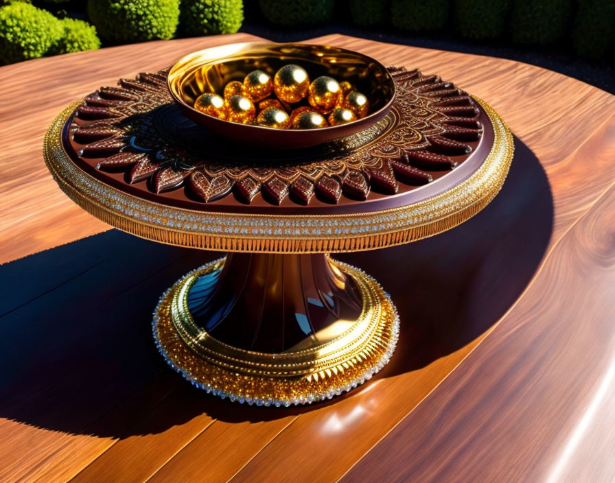 Golden Spheres in Decorative Bowl on Polished Wooden Table