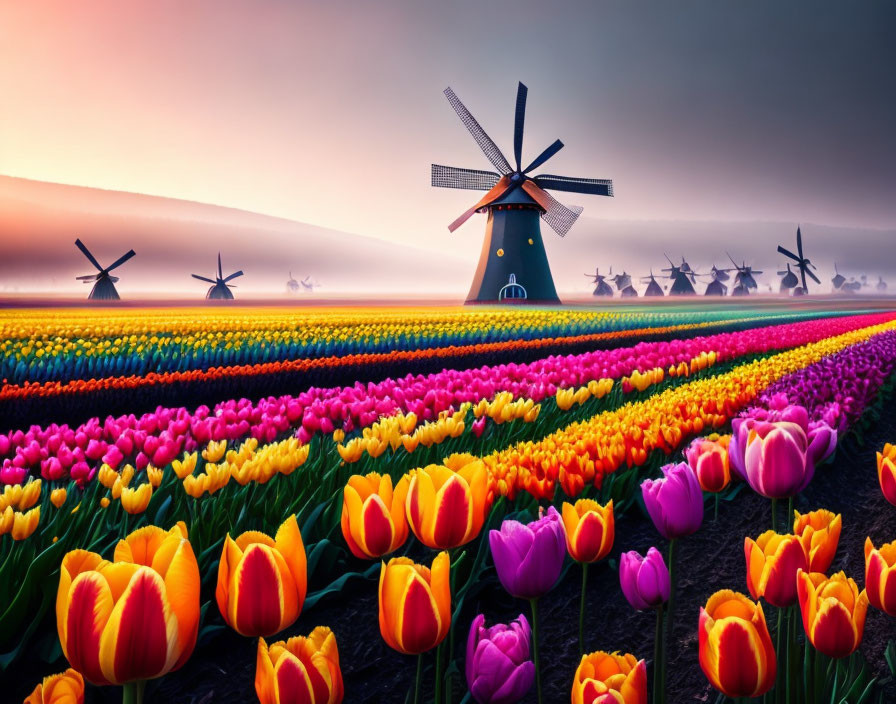 Colorful tulip rows and windmill under dawn sky