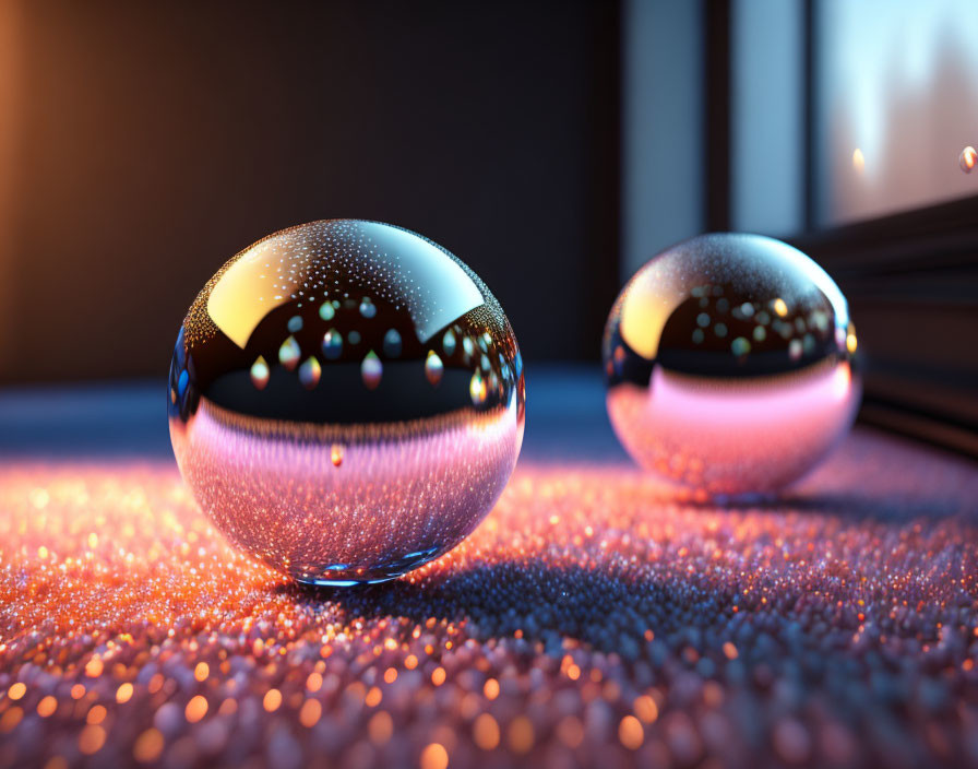 Reflective glossy spheres on textured, sparkling surface under warm light