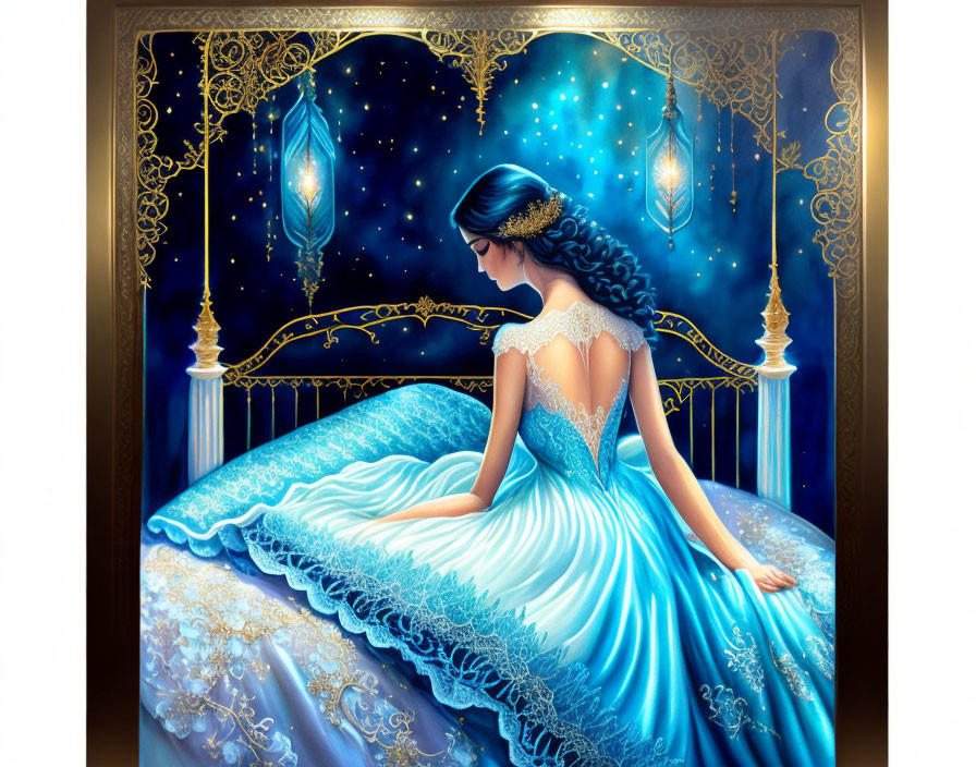 Woman in Blue Gown on Bed with Starry Backdrop and Golden Designs