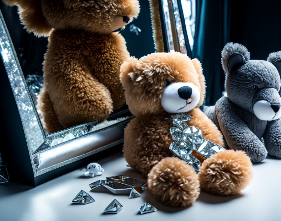 Luxury plush teddy bears with crystal pieces in mirror reflection