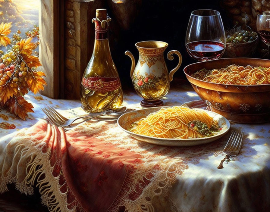 Italian Meal Painting with Pasta, Wine, and Grapes on Elegant Table by Sunlit Window