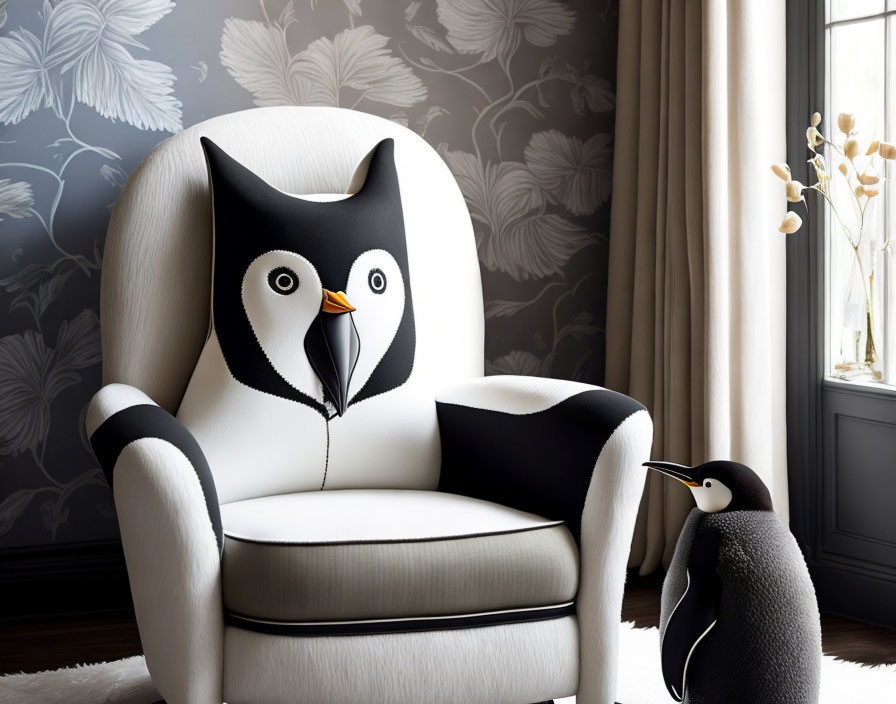 Black and white owl armchair in room with floral wallpaper and penguin figure