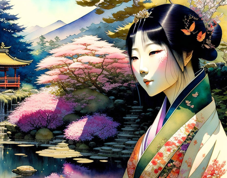 Traditional Japanese Woman Illustration in Serene Landscape