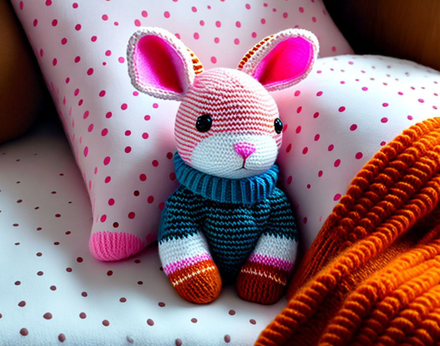 Colorful Knitted Toy Rabbit with Pink Ears on Polka-Dotted Pillow and Orange Blanket
