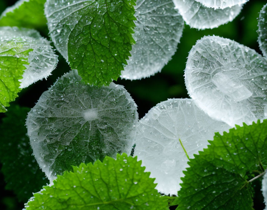 Green leaves with ice patterns indicating frost on dark backdrop