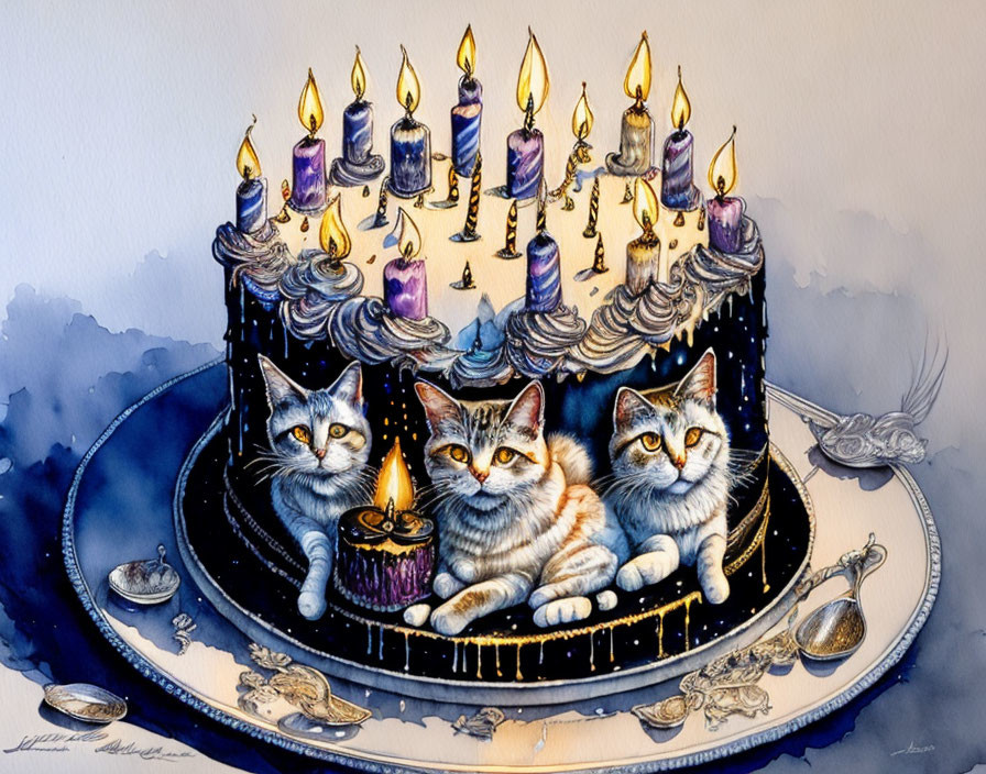 Whimsical art: Three cats on cake platter with candles
