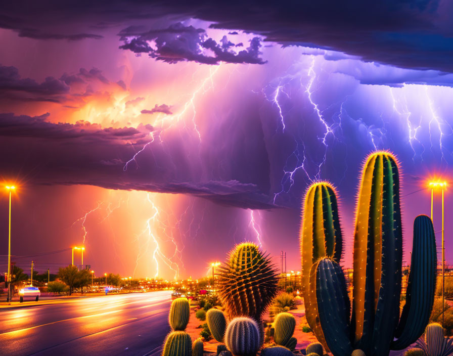 Intense thunderstorm with lightning strikes over desert road