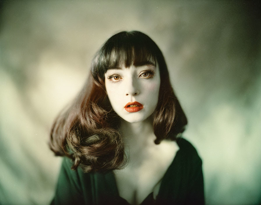 Portrait of a woman with fringe, pale skin, dark wavy hair, red lipstick, and striking
