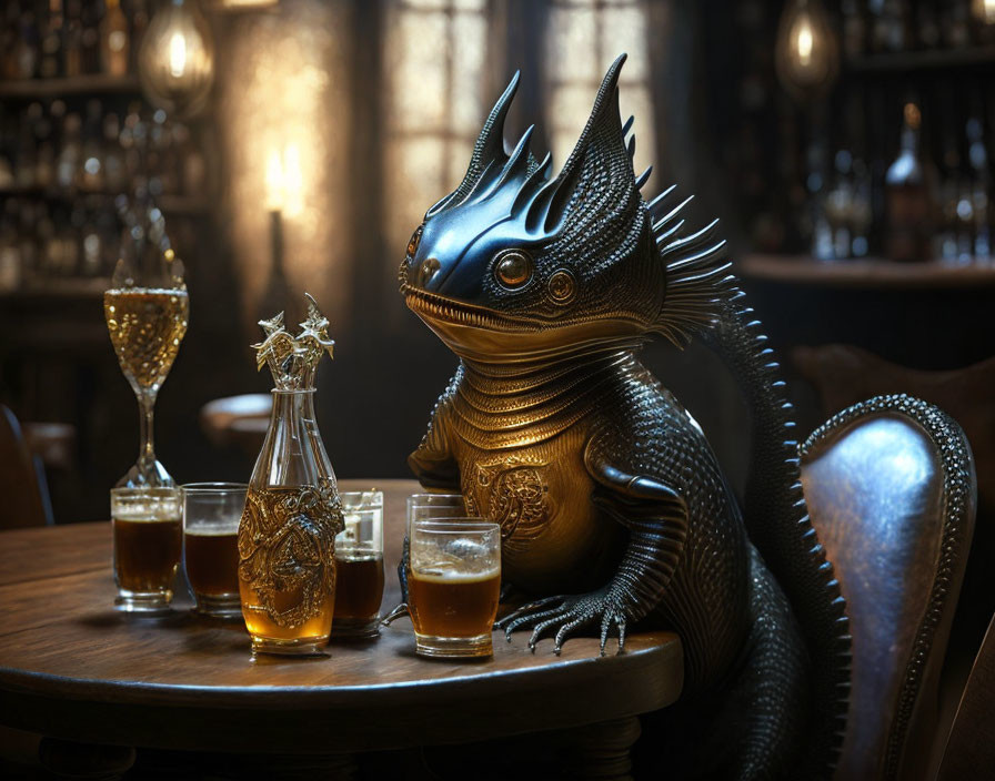 Detailed Dragon Figurine on Wooden Bar Table with Beverages