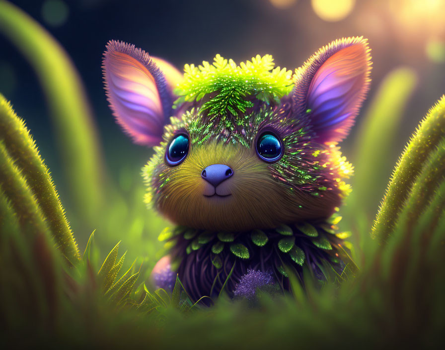 Blue-eyed furry creature with plant-like fur and leafy ears in vibrant grass.