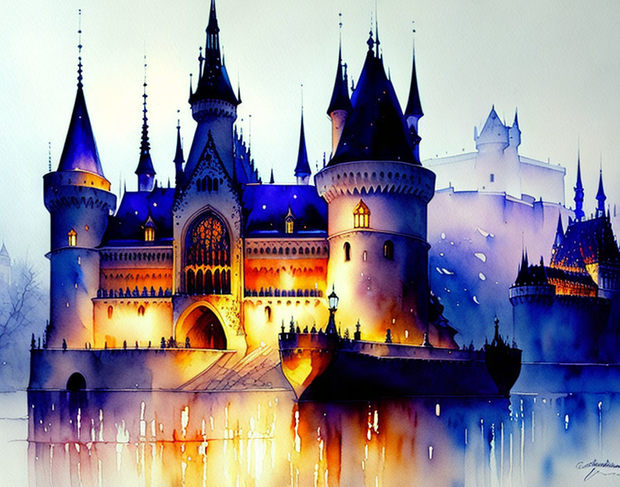 Enchanting castle watercolor painting with twilight sky and falling snowflakes
