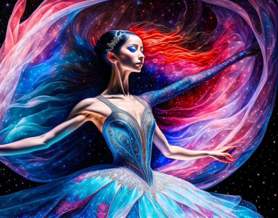 Cosmic-themed ballet dancer with vibrant nebula swirl effect