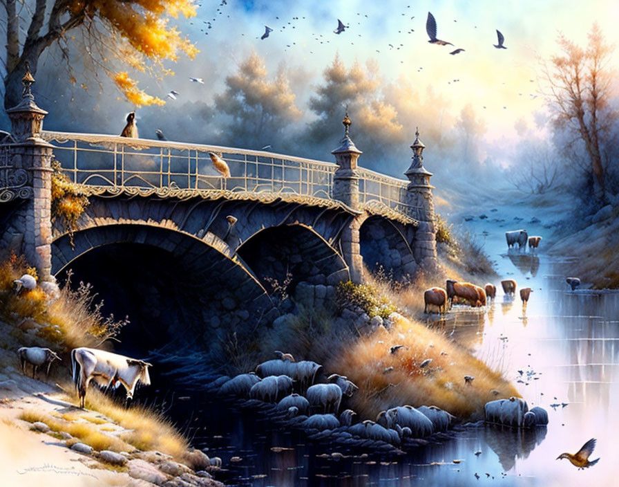 Tranquil river with stone bridge, birds in flight, sheep grazing, autumn leaves