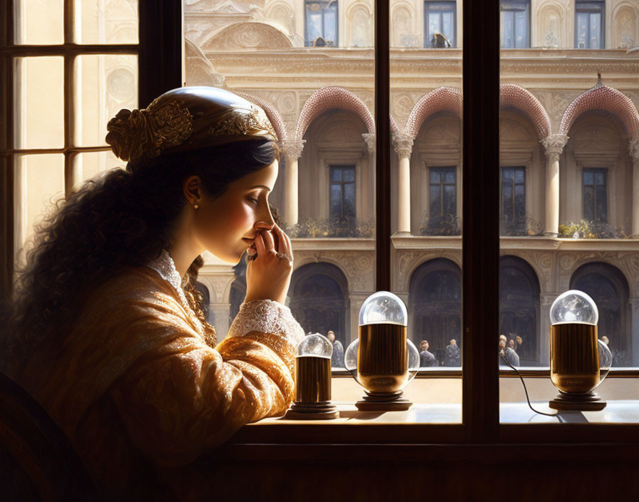 Woman in Golden Dress Contemplating by Window with Lamps