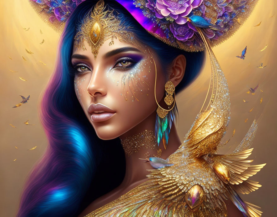 Portrait of woman with blue and violet hair, golden headdress, and mystical ambiance
