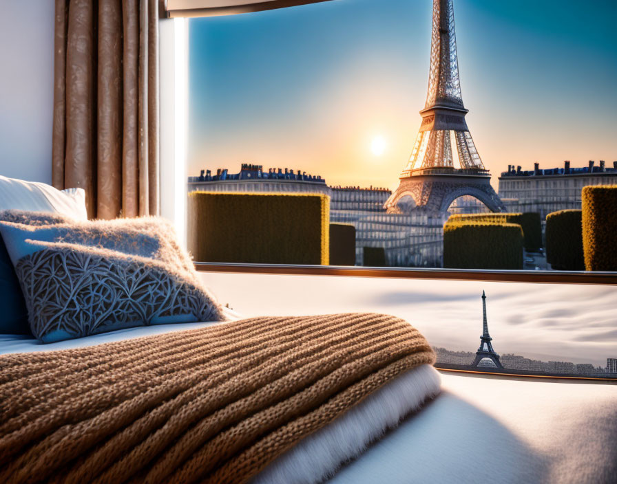 Elegant bedroom interior with Eiffel Tower view at sunrise