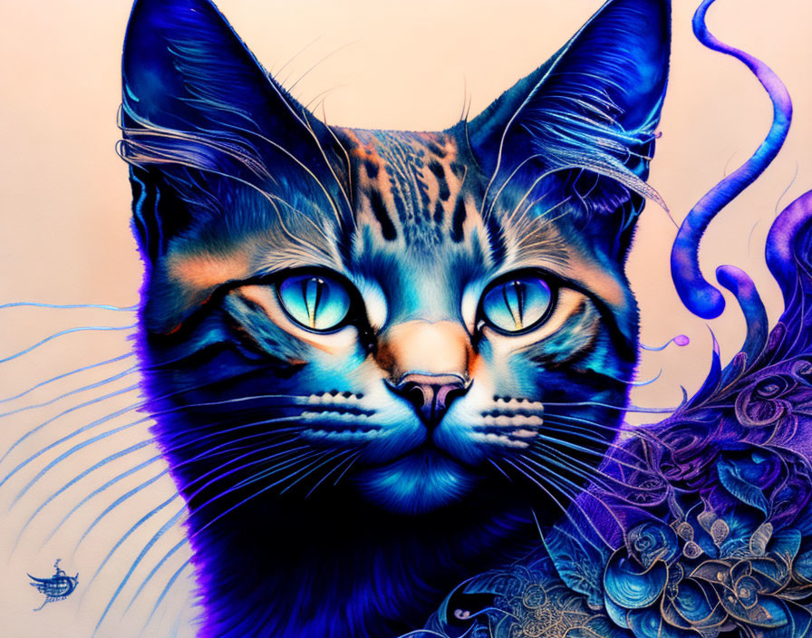 Vibrant digital artwork featuring a cat with blue eyes and intricate floral patterns