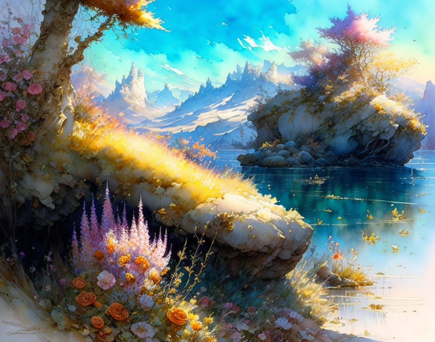 Colorful fantasy landscape with lush tree, flowers, blue waters, and snowy mountains