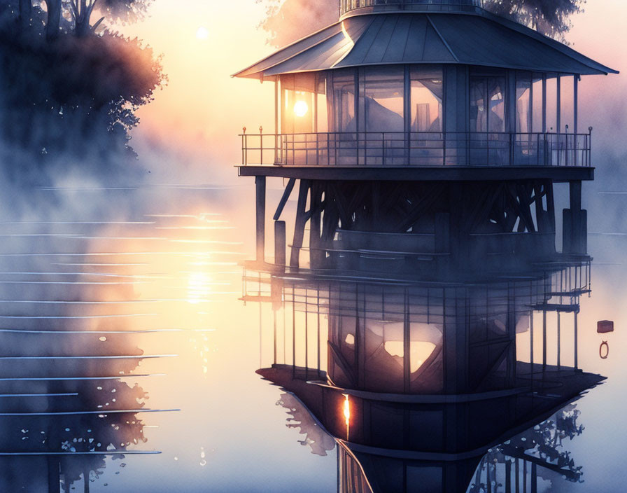 Twilight lakeside scene with wooden pier and cozy house reflected in calm water