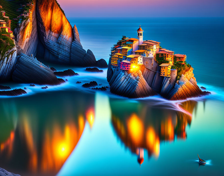 Scenic coastal village with vibrant buildings on steep cliffs at dusk