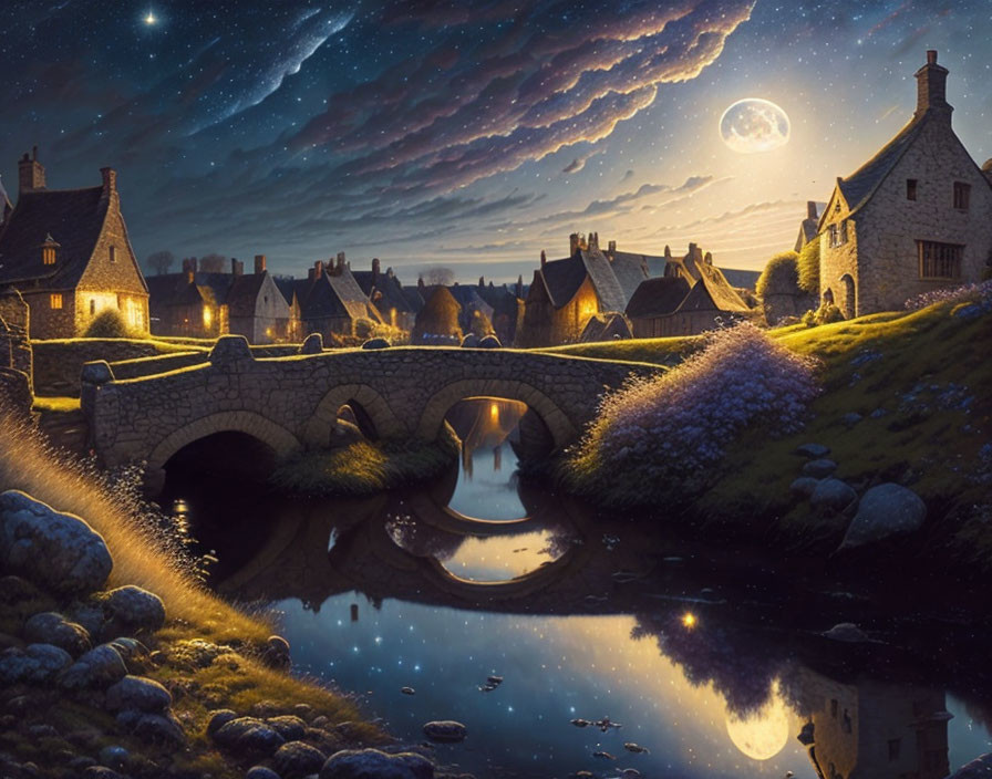 Picturesque village with stone cottages, arched bridge, river, starry night.