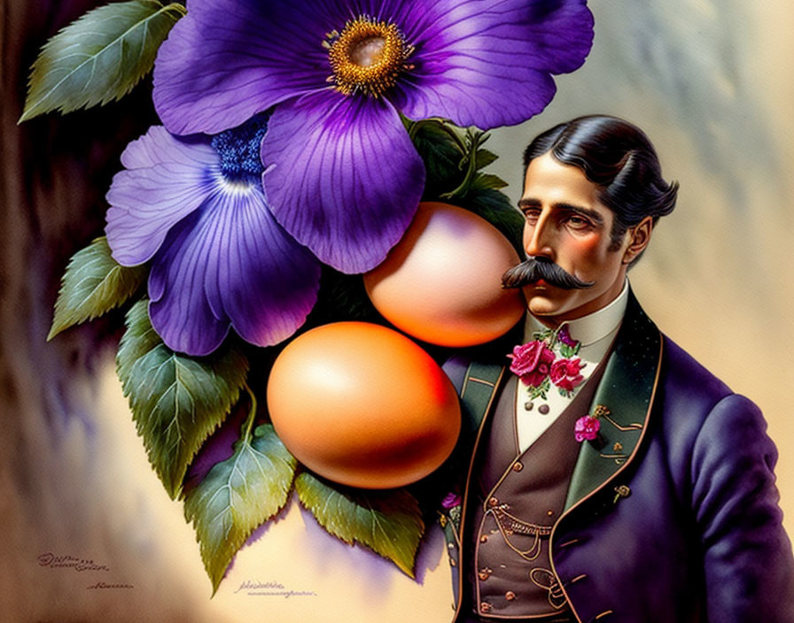Surreal Victorian portrait with fruit nose and oversized flowers